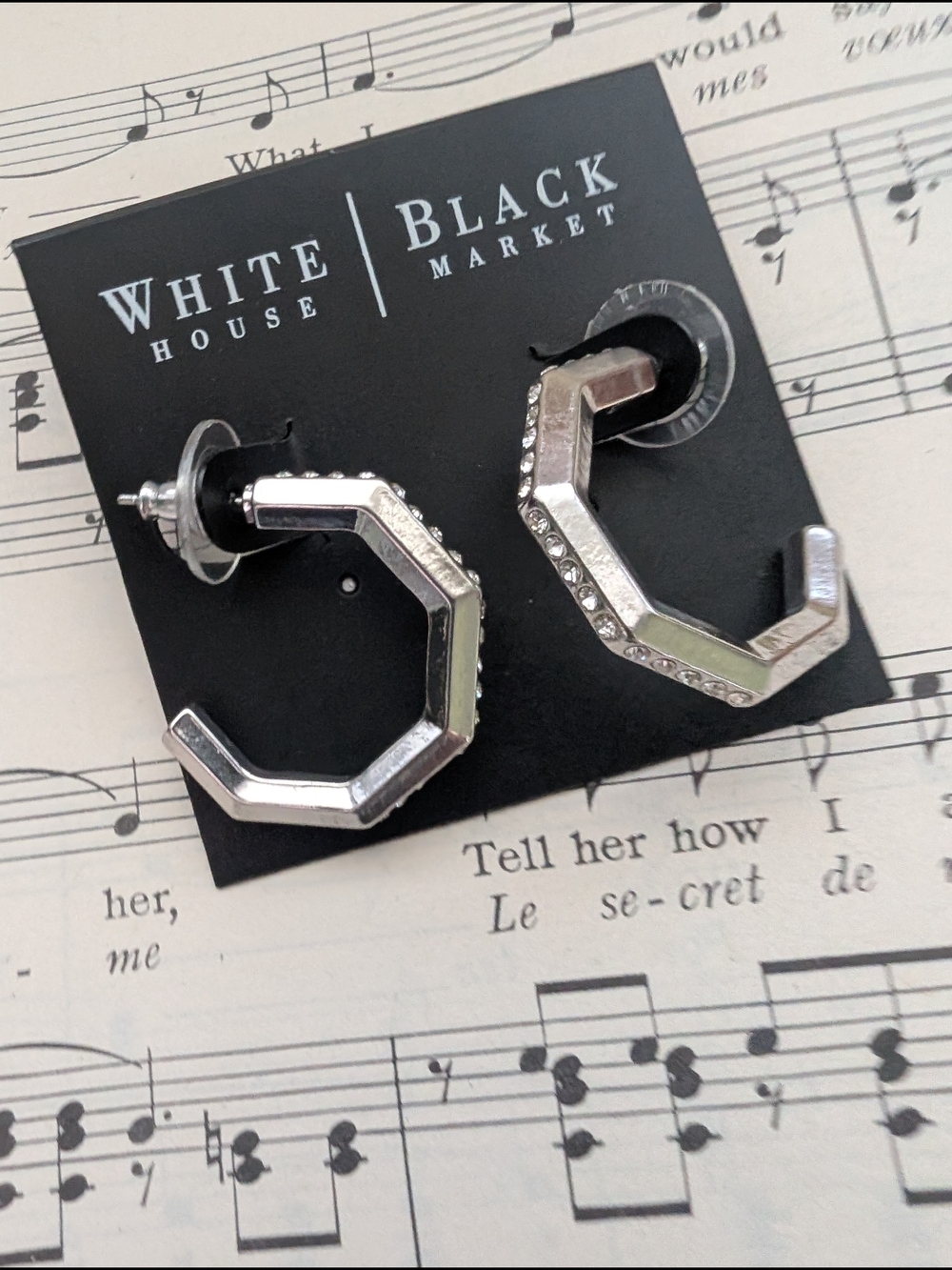 White House Black Market Silver Geometric Hoop Earrings with Crystals
